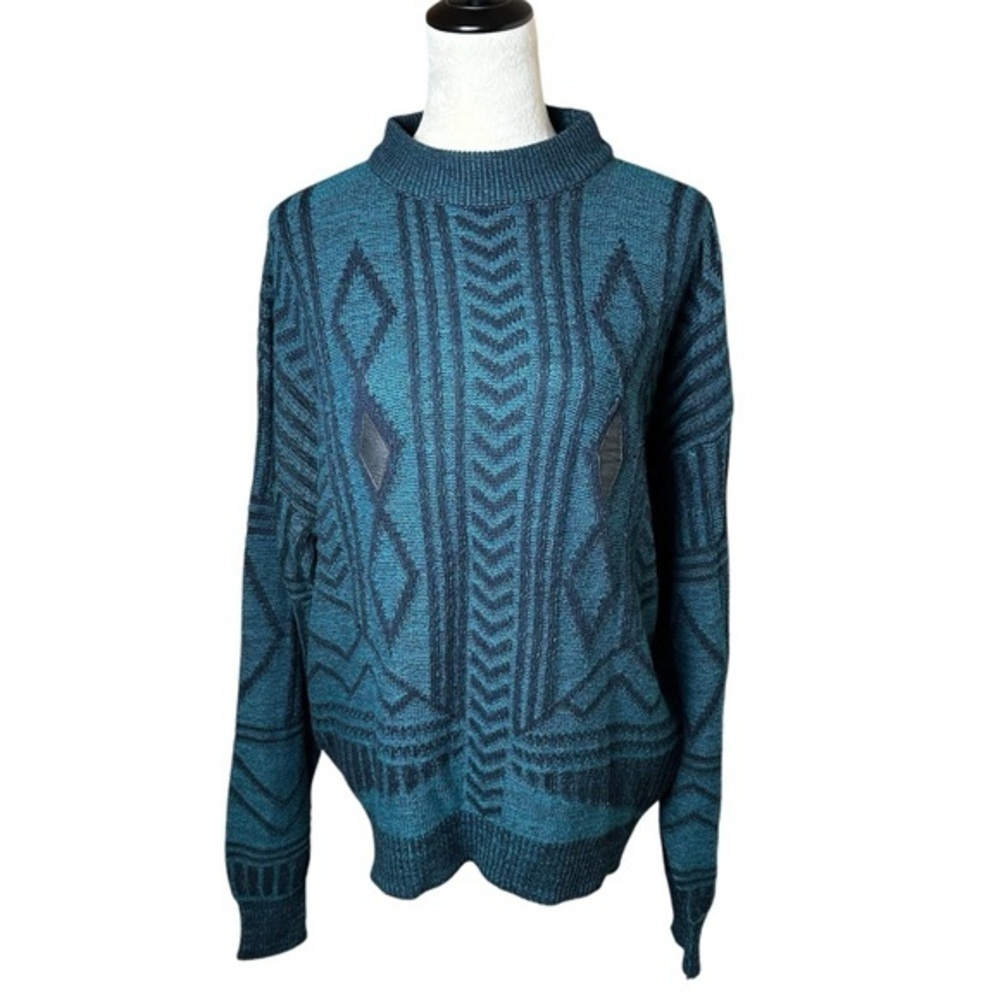Vintage Sasson Teal Geometric Knit Pullover Sweater L | 90's Grunge Indie Sleaze